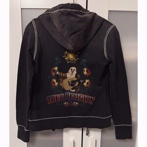 Vintage True Religion Charcoal Black Zip Hoodie with Sunflower Buddha Y2K